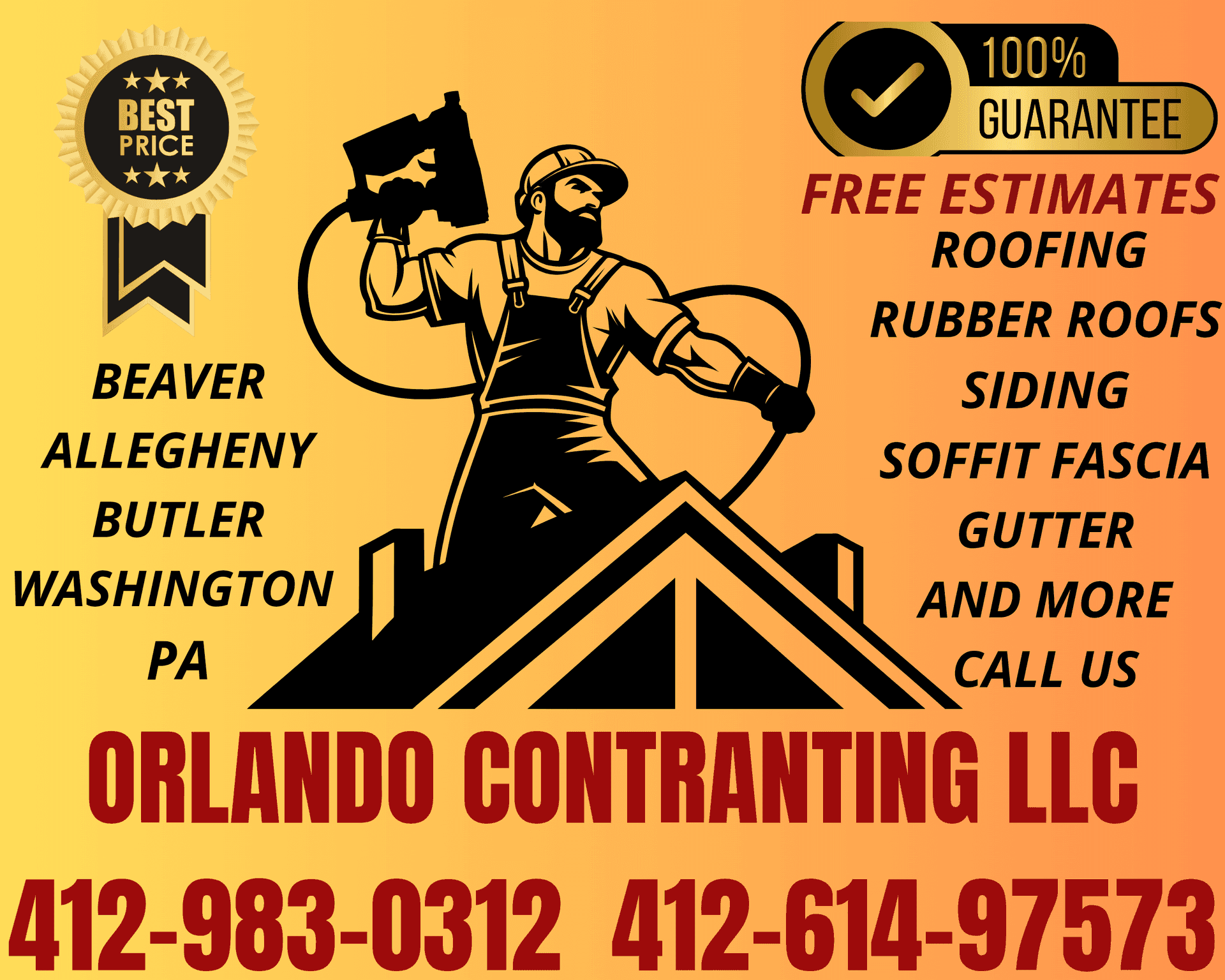 Contractor logo with roofing services list and contact numbers for Orlando Contracting LLC.